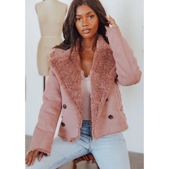 Lulus Faux Shearling Aviator Jacket Blush Pink Suede Look Cropped Size Medium - Picture 1 of 7